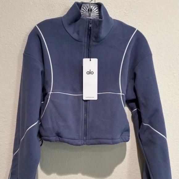 Alo Yoga NWT Polar Fleece Game Time Full Zip Jacket Blue Stone White Size M - Picture 4 of 5